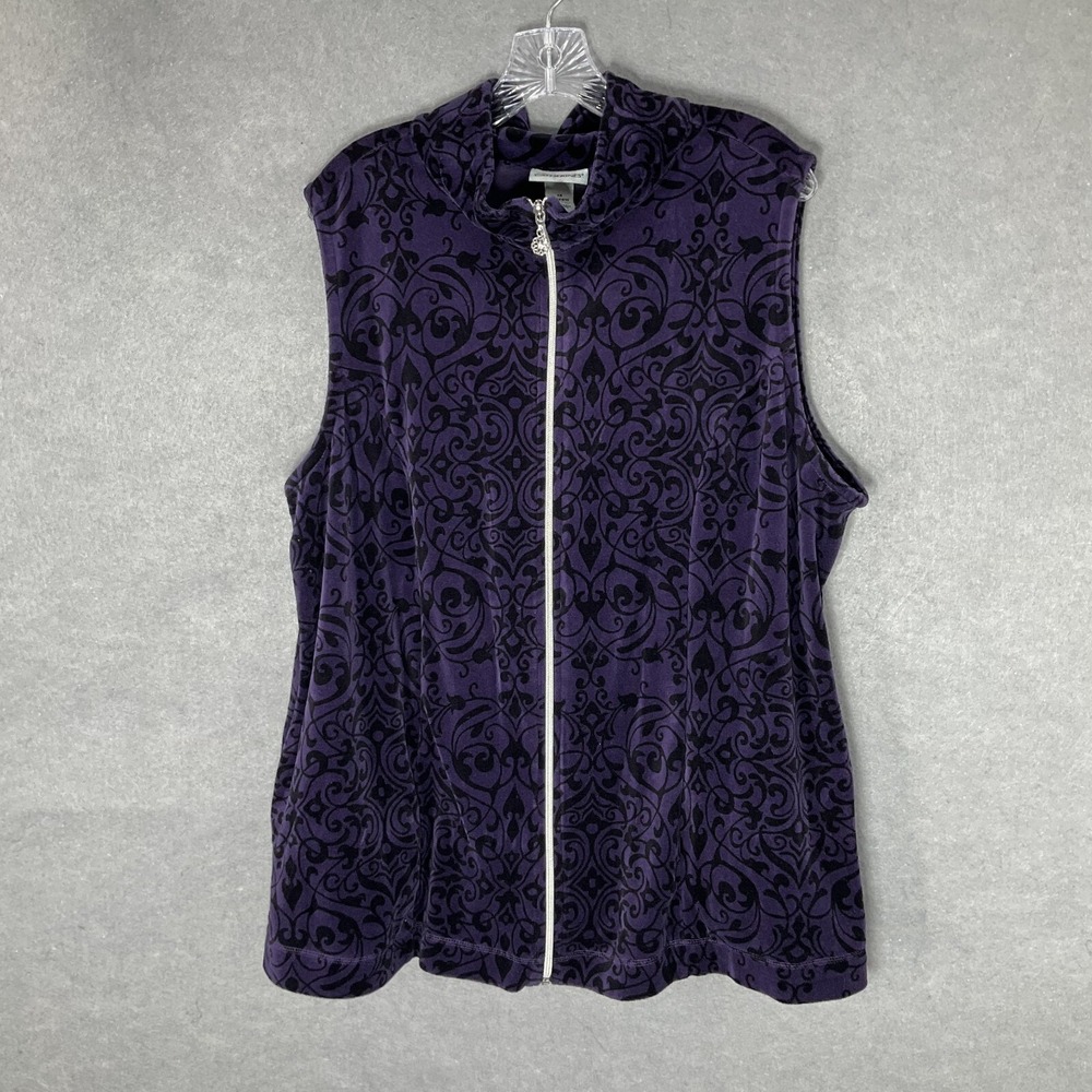 Catherines Vest Womens Sz 1X Purple Black Velvet Full Zip Mock Neck Jacket